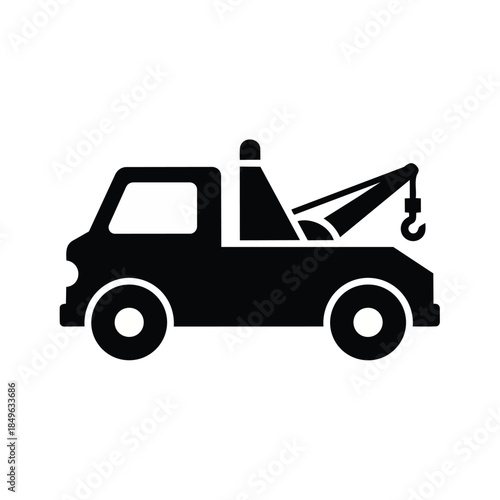 A black silhouette of a tow truck vector graphic with a hook and boom on a white background, showcasing a simple design.