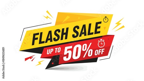 Dynamic flash sale banner with up to 50% off promotion, featuring yellow and red colors, clock icons, and lightning bolt elements on a white background.