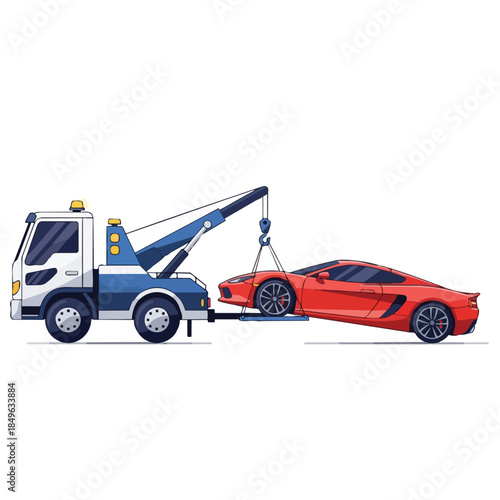 Vector illustration of a tow truck towing a red sports car with a crane arm against a clean white background.