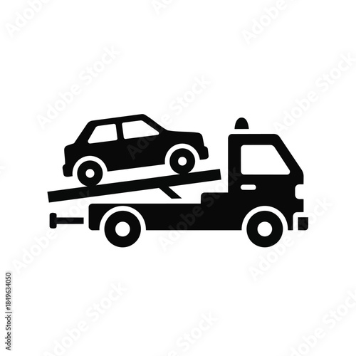 Vector illustration of a tow truck carrying a car in a simple black silhouette style against a clean white background.