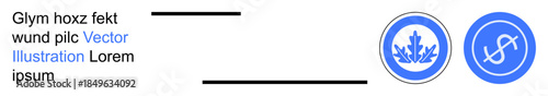 Finance, sustainability, branding, eco-economy, digital marketing, conceptual design. Two circular blue icons with a leaf emblem and dollar sign. Finance and sustainability concept