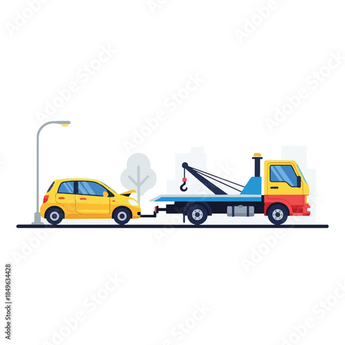 Vector illustration of a yellow tow truck towing a small yellow car on a road with a streetlight nearby on a white background.
