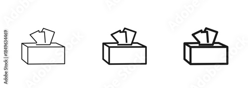Tissue box icon in thin, regular, and bold outline styles. Hygiene, wellness, health care concept. Web and mobile element. Nose napkin, disposable paper handkerchief. Isolated vector illustration