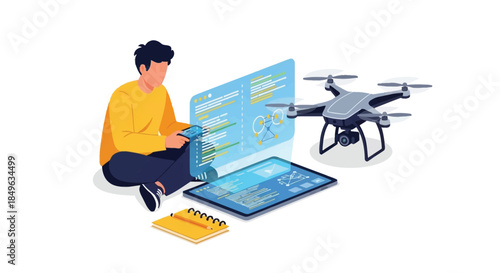 Man programming drone with holographic interface and tablet.