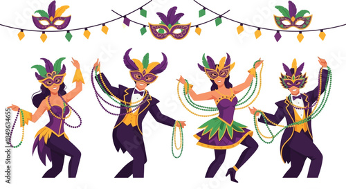 Mardi Gras Celebration People Dancing and Wearing Costumes.