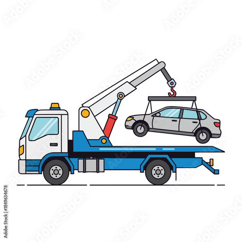 A vector illustration of a tow truck lifting a car with its crane arm on a solid white background.