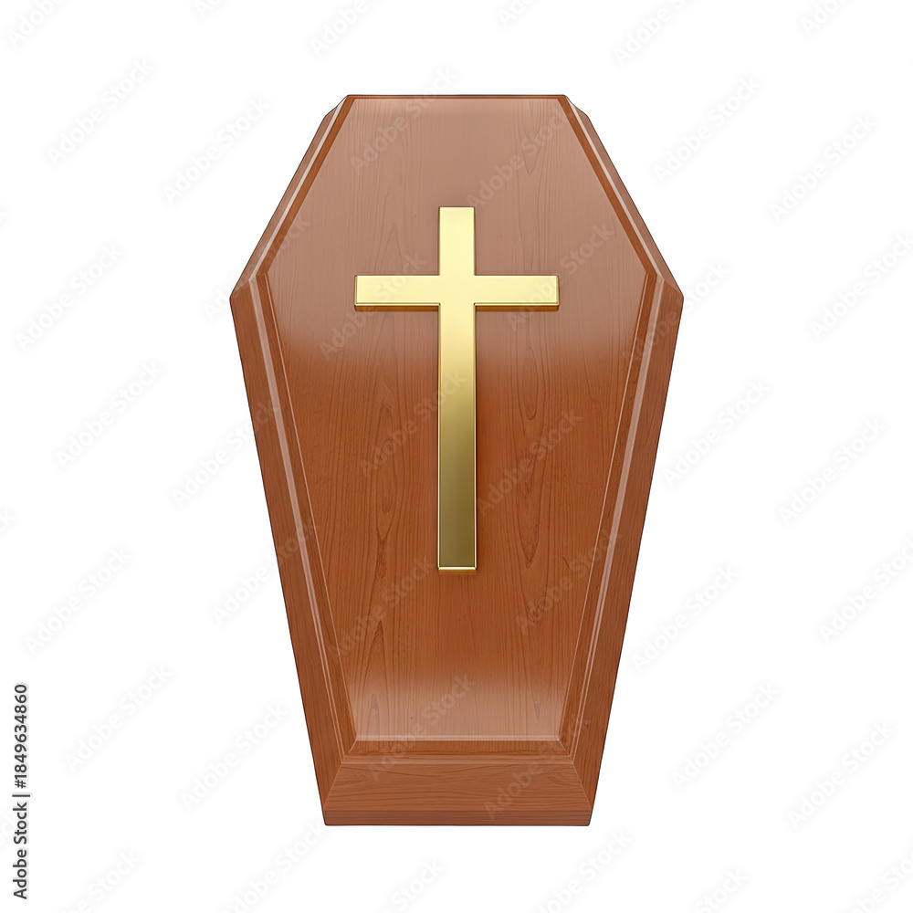 Fototapeta premium Polished Wooden Coffin With Golden Cross Emblem Isolated On Black Background