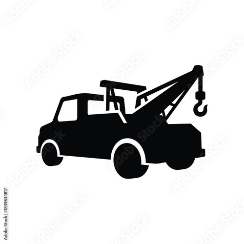 Vector silhouette of a tow truck with a crane and hook, isolated on a white background in a simple graphic style.
