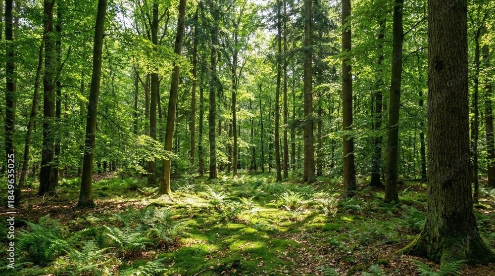 Obraz premium Green forest landscape with sunlight