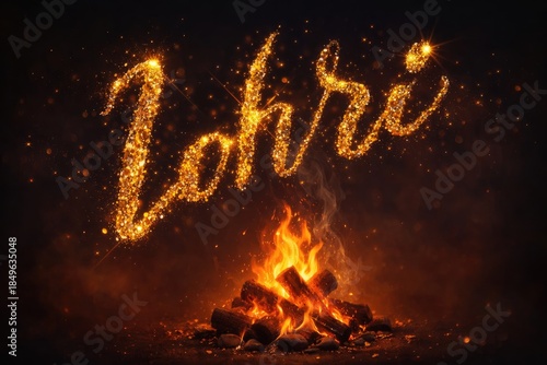 Happy Lohri glitter typography illustration with sparkling golden text and blazing bonfire on dark festive background