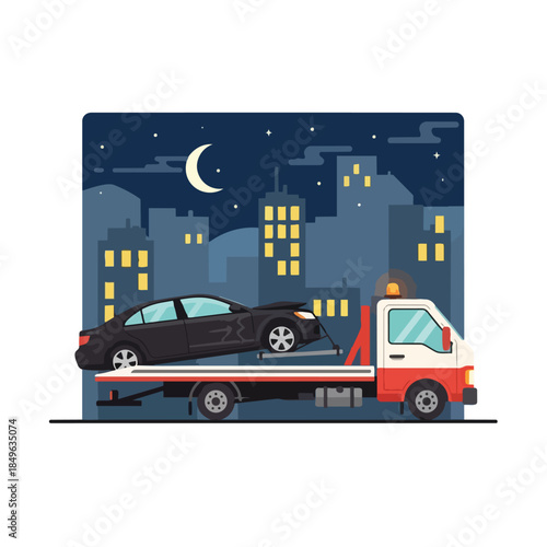A tow truck vector illustration transporting a car on its flatbed at nighttime with a cityscape and crescent moon in the background.