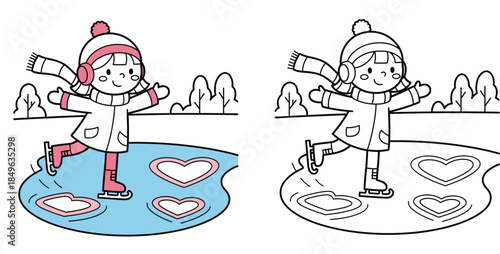 Little Girl Ice Skating on Heart Shaped Frozen Lake Cartoon Illustration and Coloring Book Page for Kids Winter Activity