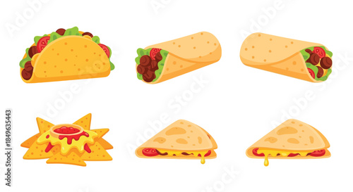 Delicious Mexican Food Collection with Tacos Burritos Nachos and Quesadillas.