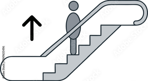 Escalator Up Direction Icon with Minimal Line Illustration of Passengers for Public Transportation and Black Directional Sign