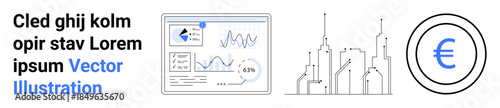 Business analytics, urban development, financial economy, currency exchange, data visualization, fintech. Dashboard with charts, city buildings euro symbol. Business analytics and financial economy
