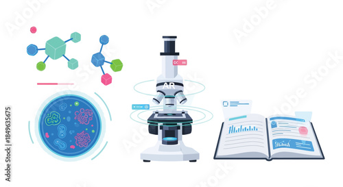 Microscope and scientific diagrams for research and education.