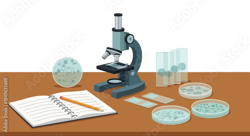 Microscope and laboratory equipment on a wooden table for scientific research.