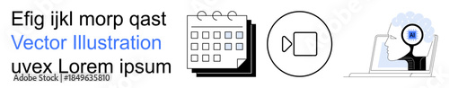Online learning, team collaboration, virtual meetings, remote work, planning, brainstorming. Calendar, video call icon and person with idea on laptop. Remote work and team collaboration concept