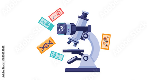 Microscope with VR technology and various biological slides.