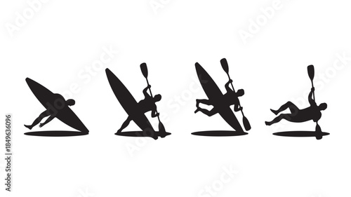 Surfer Silhouettes in Various Positions with Paddleboards in Minimalist Black Silhouette on White Background for Water Sports Illustration