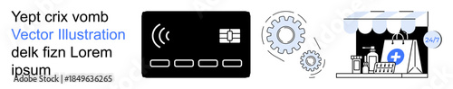Financial transactions, online shopping, retail store, ecommerce, fintech, technology processes. Contactless card, gear icons storefront illustration. Financial transactions and online shopping