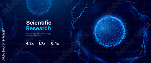 Biology Cell Scientific Medical Research Background. Science Blue Cells Backdrop with Depth of Field Blur Particles Effect. Futuristic Plant Microbiology. Blue Virus Cells Vector Illustration.