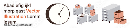 Time management, productivity, organization, workplace planning, archive storage, business efficiency. Clock with file cabinets, stacked boxes. Time management and productivity concepts