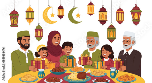Muslim Family Celebrating Eid al-Fitr with Gifts and Feast.