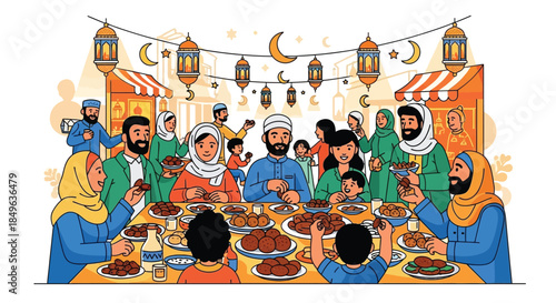Muslim family and friends enjoying a festive Iftar meal together.