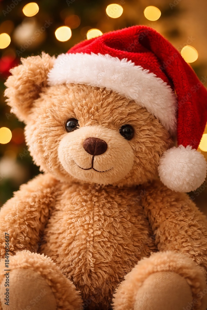Obraz premium Close-up of a plush teddy bear wearing a red Santa hat, shallow depth of field, warm bokeh background, soft cozy lighting, Christmas holiday mood, sharp focus on eyes and fur texture