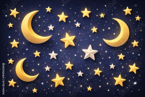 Wallpaper Mural A whimsical night sky in semi-realistic 3D style featuring crescent moons and hand-drawn stars. Clean shapes with slight extrusion, soft shadows, gentle glow accents, balanced spacing, and laye Torontodigital.ca