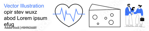 Healthcare, food industry, professional networking, business communication, modern teamwork, cooperation. Heartbeat symbol, cheese slice two people shaking hands. Healthcare and professional