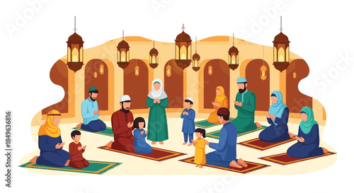 Muslim family praying together in a mosque during Ramadan.
