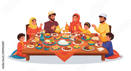 Muslim Family Enjoying Festive Iftar Meal Together.