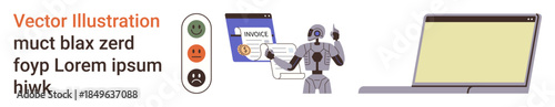 AI technology, process automation, invoice workflow, sentiment analysis, digital tools, tech innovation. Robot interacting with screen content. AI technology and process automation concept