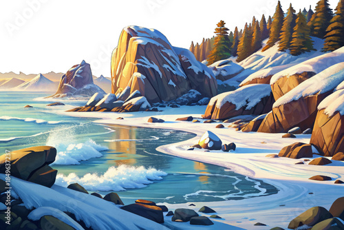 Rocky Maine beaches become snow-laden winter landscapes with icy shorelines, crashing Atlantic waves, frozen stones, and overcast skies emphasizing raw northern coastal beauty