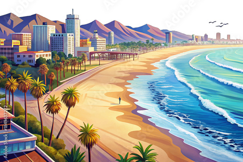 Santa Monica Beach features wide sandy shores, iconic pier structures, coastal city views, and a vibrant seaside environment along Southern California’s famous coastline