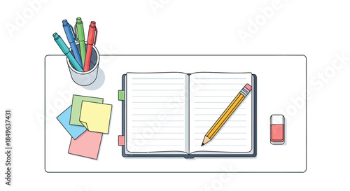 Open notebook with pencil and stationery on a desk.