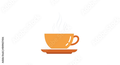 Steaming hot beverage in an orange cup and saucer.