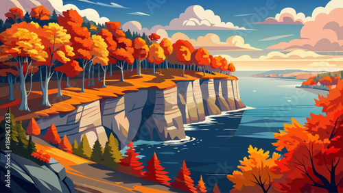 Very beautiful autumn scene of Door County coastal cliffs, featuring red and orange trees overlooking Lake Michigan, dramatic shoreline views, crisp air, and striking seasonal color contrast.