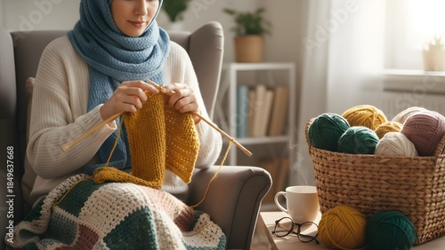 Woman Knitting Blanket in Cozy Living Room.