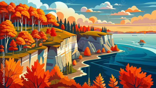 Very beautiful autumn scene of Door County coastal cliffs, featuring red and orange trees overlooking Lake Michigan, dramatic shoreline views, crisp air, and striking seasonal color contrast.