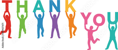 Set of Colorful Silhouettes Representing Happy People Holding Up Large Letters to Spell Thank You Isolated on Plain White Background