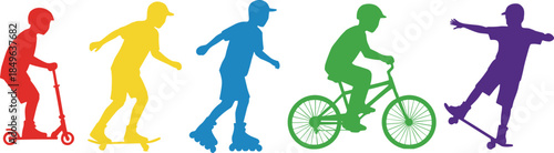 Set of Colorful Silhouettes Representing Active Children Riding Scooter Skateboard Roller Skates and Bicycle Isolated on Plain White Background for Design