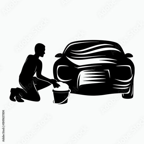 Man washing a car, silhouette style, kneeling with a bucket