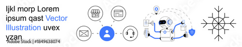 Artificial intelligence, customer support, communication technology, futuristic tech, digital networks, automation. Robot interacting with connected icons of email, user and headset. Customer