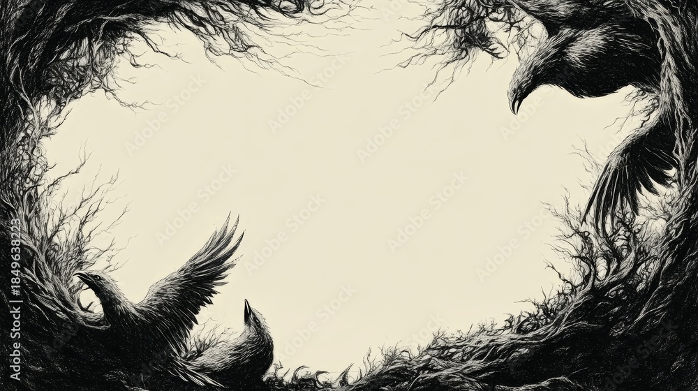 Obraz premium Striking black and white of two crows perched within a circular frame capturing nature's enigmatic beauty and avian grace.