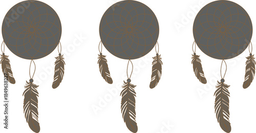Set of Three Traditional Brown Dreamcatcher Illustrations with Intricate Webbing and Hanging Feathers Isolated on White Background for Spiritual Design