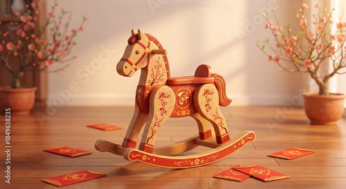 A wooden rocking horse decorated with plum blossoms and Vietnamese Tet calligraphy next to lucky red envelopes for the 2026 New Year