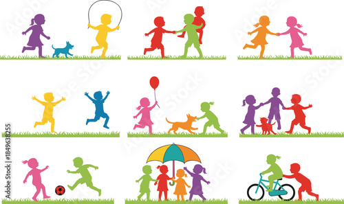 Set of Colorful Children Silhouettes Playing Outdoors Engaging in Activities Like Soccer Jumping Rope and Riding Bicycles on Green Grass Background